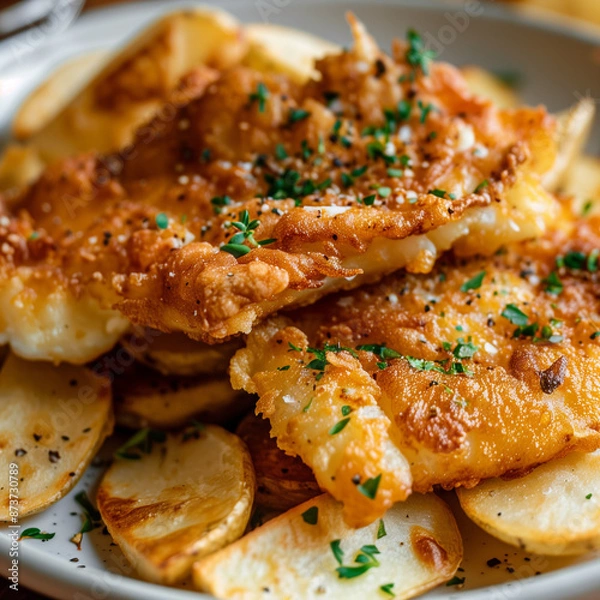 Fototapeta Tempting Close-up: Golden-Battered Fish on Thick-Cut Chips, Highlighting Crispy Texture and Comforting Quality