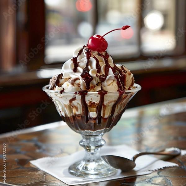 Fototapeta Decadent Ice Cream Sundae: Topped with Whipped Cream, Chocolate Syrup, and a Cherry, Spoon Set for a Truly Indulgent Experience