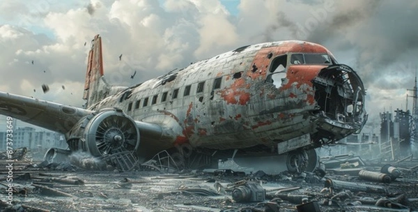 Fototapeta A Crashed Airplane in a Post-Apocalyptic City