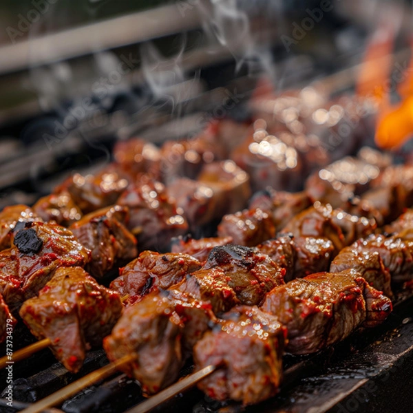 Fototapeta Close-Up of Mouthwatering Shashlik Skewers Sizzling on a Charcoal Grill, Smoke Rising and Infusing the Air with the Rich Aroma of Perfectly Marinated Meat