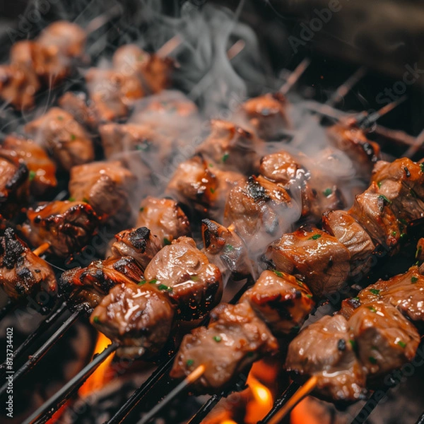 Fototapeta Close-up: Shashlik Skewers on Charcoal Grill, Smoke Rising and Carrying Irresistible Aroma of Marinated Meat Cooking to Perfection