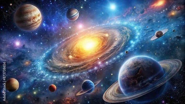 Fototapeta Stunning image of the cosmic system with stars, planets, and galaxies in motion , cosmos, celestial bodies, universe