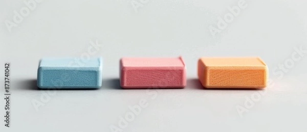 Fototapeta Three colorful erasers in pastel shades arranged in a row on a light grey background, perfect for school or stationery-themed designs.