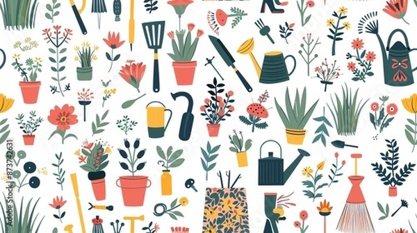 Fototapeta Generate a seamless pattern of gardening motifs like watering cans, plants, and garden tools