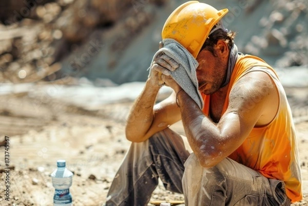 Fototapeta Concept o heat stroke, a construction worker sits and a hand holding a small towel to wipe his forehead , Generative AI