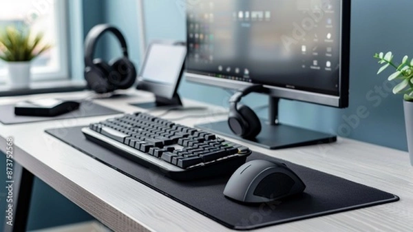 Obraz ワークスペースとヘッドフォン、キーボードとコピースペース
