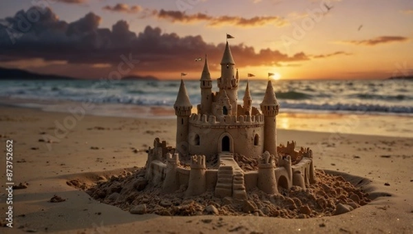 Fototapeta A story where a magical sandcastle grants wishes at sunset ai_generated