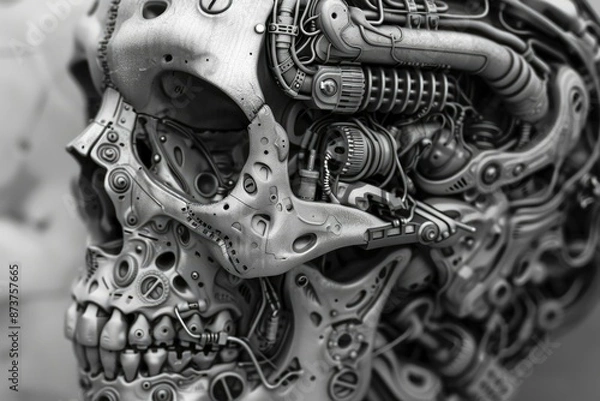 Fototapeta Intricate and detailed monochrome mechanical parts mosaic design with complex machinery and futuristic robotic components in black and white