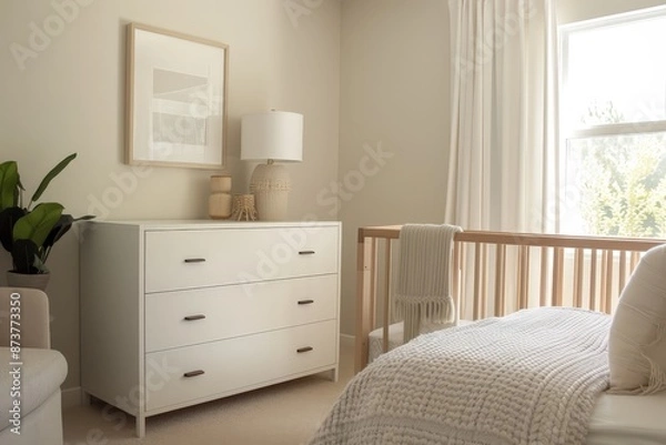 Fototapeta Tranquil Modern Nursery with Neutral Tones and Soft Illumination, Featuring Sleek Decor and Pastel Digital Paintings