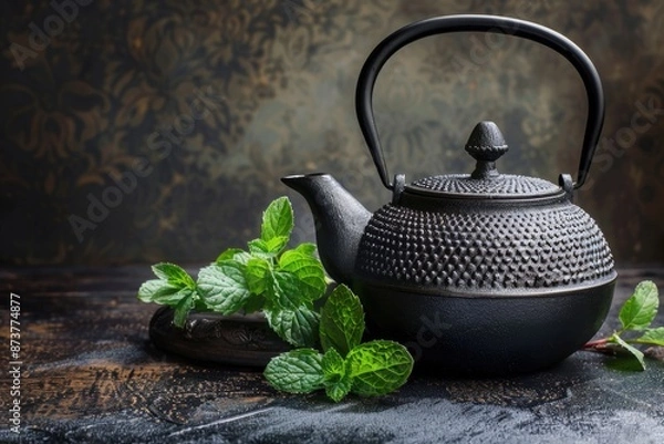 Fototapeta Stylish black teapot with fresh mint and blackberries on a dark rustic background.