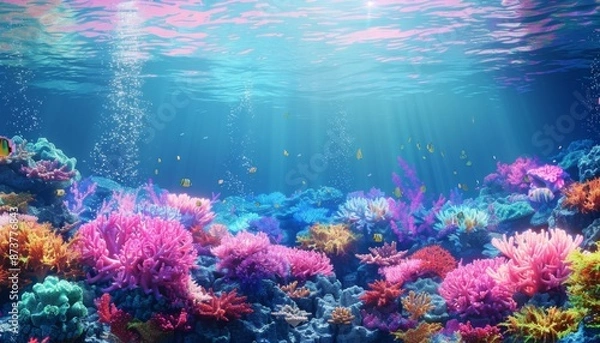 Fototapeta Colorful coral reef teeming with tropical fish clear sea water underwater travel summer