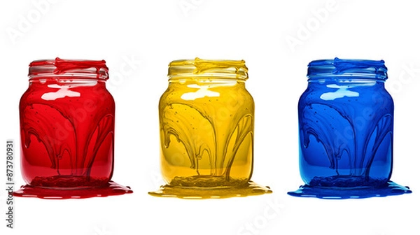 Fototapeta Glass jars with bright colors. Spilled paints on a dark background. Generative ai.