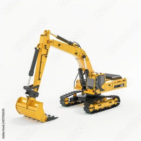 Fototapeta 3D Render of a Low Poly hydraulic excavator with a claw attachment, on isolated white background, Generative AI