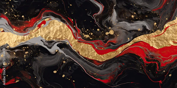 Fototapeta Acrylic paint mixed between red, black and gold in a wavy pattern.