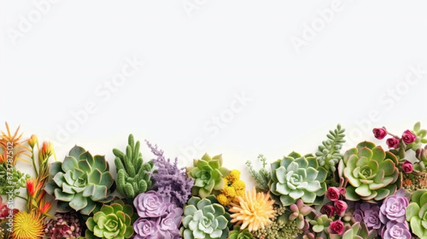 Fototapeta Arrangement of various colored succulents in the house on a white background V3