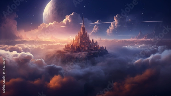Fototapeta Medieval castle suspended in the clouds, fantasy scene