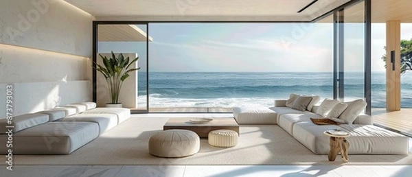 Fototapeta Serene Beachfront Minimalist Living Room Interior with Modern Sofa and Large Windows 