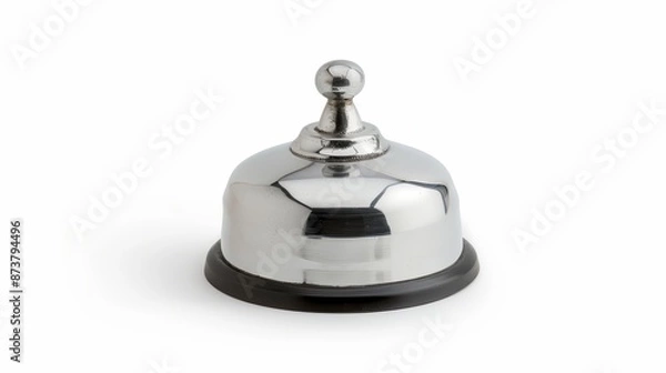 Fototapeta Shiny silver service bell, close-up view, isolated on white, emphasizing reflections and surface details
