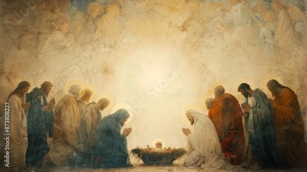 Obraz An ethereal painting of the nativity scene with a radiant halo around baby Jesus in the manger surrounded by Mary Joseph the Three Wise Men and a host of angels all illuminated by a divine light
