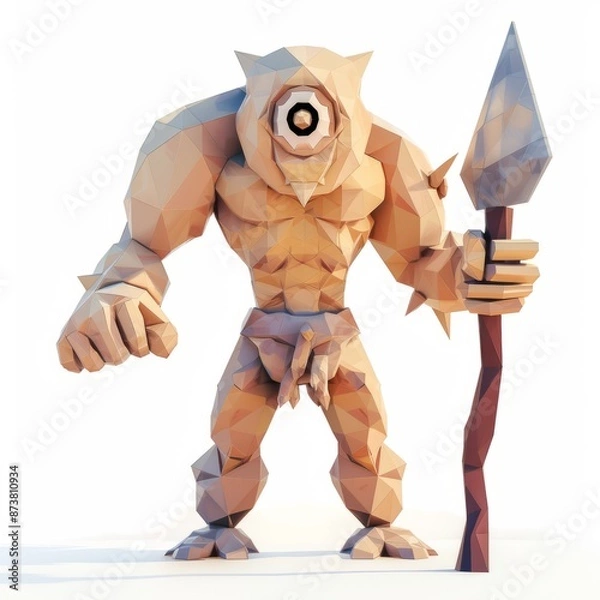 Fototapeta 3D Render, Low Poly style of a towering cyclops with a single eye and massive club, on isolated white background, Generative AI