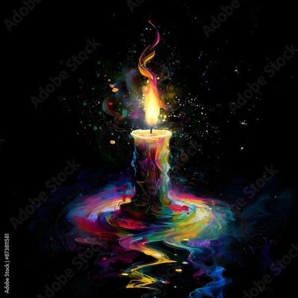 Fototapeta A candle in the dark with colorful multicolored light on a black background, a colorful illustration of surrealism style