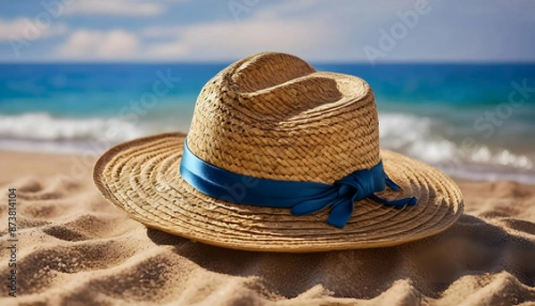 Fototapeta blue-ribboned straw hat rests on a sunny beach.
Sandy beach scene with a straw hat.
Summer vacation vibes with a straw hat on the sand.
Beach relaxation - straw hat by the ocean.