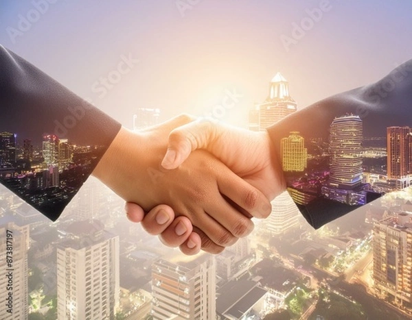 Obraz ビジネスマンの握手とビジネス街