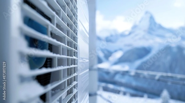 Fototapeta Close-up of snowy outdoor air conditioning unit with beautiful mountainous background. Winter scene depicting HVAC equipment in cold climate.
