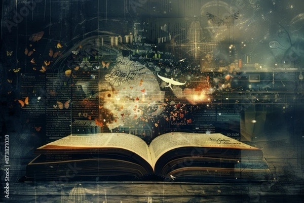 Obraz An open book rests on a table, ready to be read or studied, An abstract representation of the concept of knowledge and learning