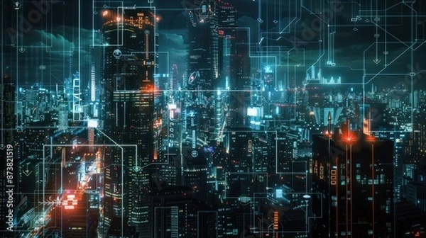 Fototapeta Night cityscape shows network connectivity with digital icons, reflecting a smart, advanced urban environment