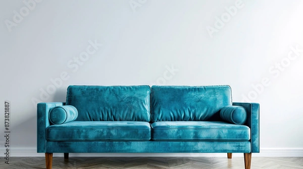 Fototapeta Turquoise sofa in spacious room against blank white wall with copy space. Scandinavian interior design of modern living room, home