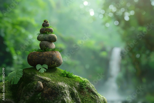 Fototapeta zen stone in the forest with green moss on the stone