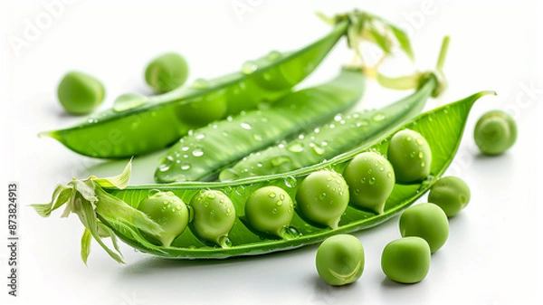Fototapeta closeup fresh peas with pod  isolated on white