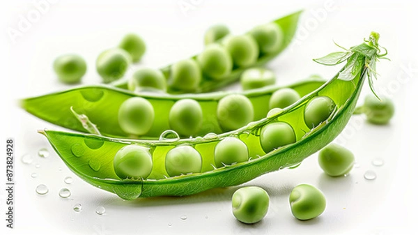 Fototapeta closeup fresh peas with pod  isolated on white