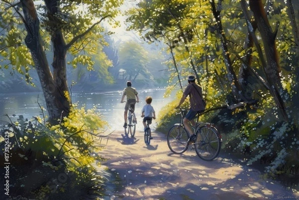 Fototapeta Two individuals on bicycles, riding down a path in a painting, An artistic rendering of a family biking together along a serene river path