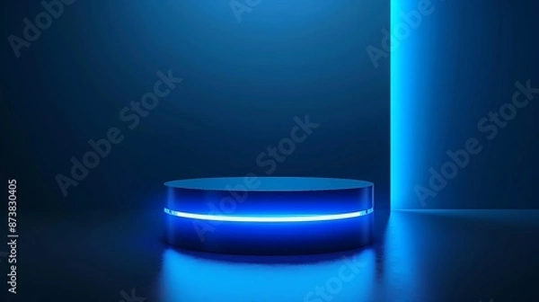 Fototapeta Realistic 3d blue cylinder pedestal podium in Sci-fi dark blue abstract room with illuminate horizontal neon lamp. rendering product display presentation. Futuristic minimal scene. Generative Ai