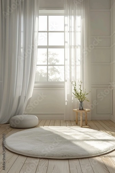 Obraz There is a white circular carpet on the white blue wooden floor, in front of an empty wall with curtains and window, there is also a small side table next to it, and some plants placed on top of them