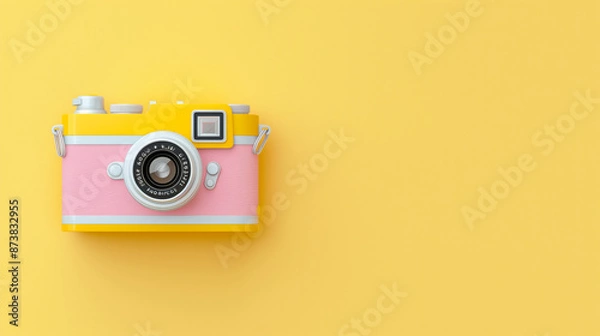 Fototapeta pink retro camera in yellow  background, ideal for a photography-themed retro banner