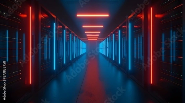 Fototapeta A futuristic hallway with blue and red neon lights, creating a vibrant and high-tech atmosphere in a data center server room.