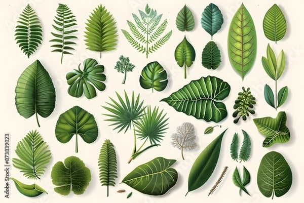 Fototapeta Collection of various green leaves in different shapes and sizes on a light background.