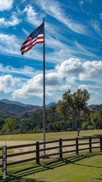 Fototapeta An American flag flies over a lush green field. In the background are rolling hills and a blue sky. The image is peaceful and patriotic.