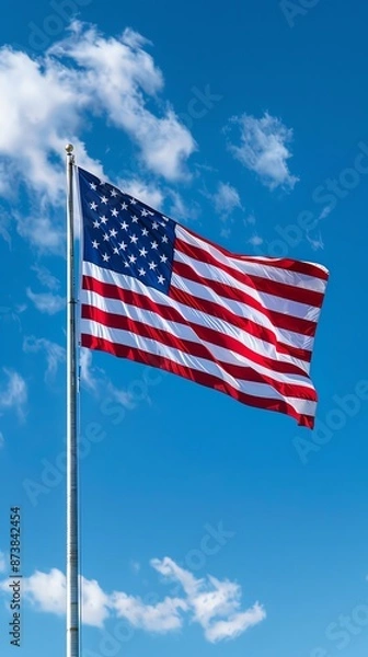Fototapeta A large American flag is blowing in the wind against a blue sky with white clouds.