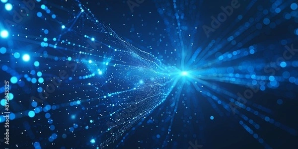 Fototapeta Abstract Blue Glowing Lines with Dots and Particles on Black Background, Representing Data Transfer Concept in a Futuristic and Dynamic Style.
