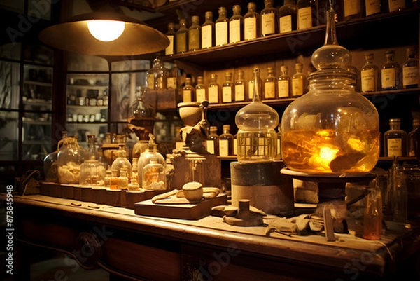 Fototapeta A Glimpse into Yesteryears: An Antique Apothecary Preserving Centuries of Healing Wisdom