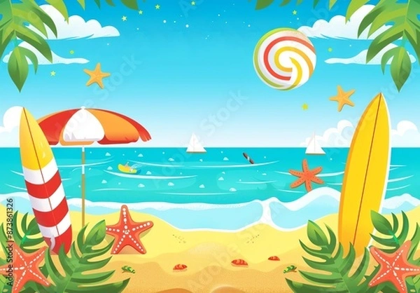 Fototapeta Beach Summer Background with Surfboards and Beach Ball Blue Sky Nature Tropical Beach Cartoon Style