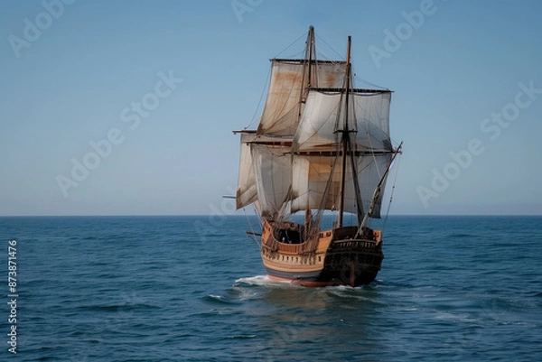 Obraz Spanish caravel sailing in the open sea, columbus day.