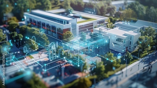 Obraz Cutting edge smart campus with advanced AI sensor optimization.