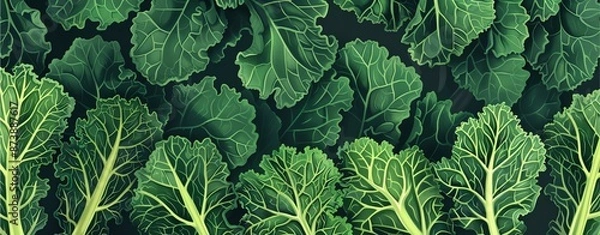 Fototapeta Illustration green background of kales pattern, healthy vegetable.