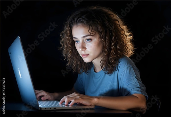 Obraz Woman with Curly Brown Hair Using Laptop