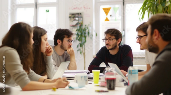 Fototapeta Group of start up are meeting and discussing the project in white office.
